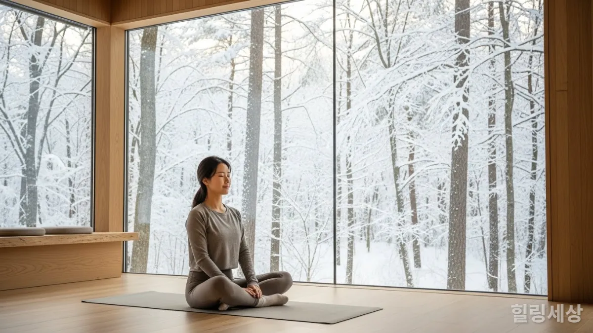 눈 덮인 숲을 바라보며 요가하는 한국 여성의 웰니스 리트릿 풍경