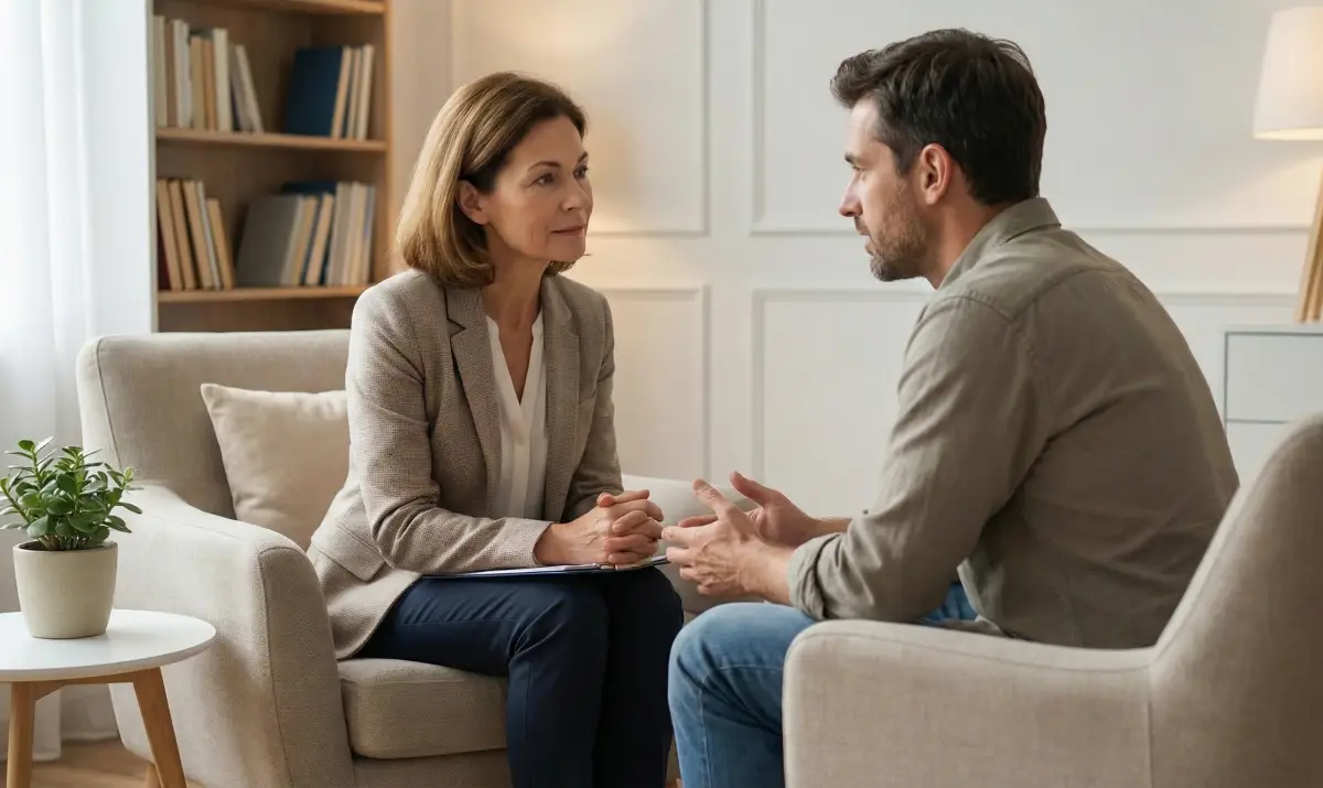 자가진단 결과가 우려될 경우 전문가와의 상담을 통해 정확한 진단과 도움을 받는 모습