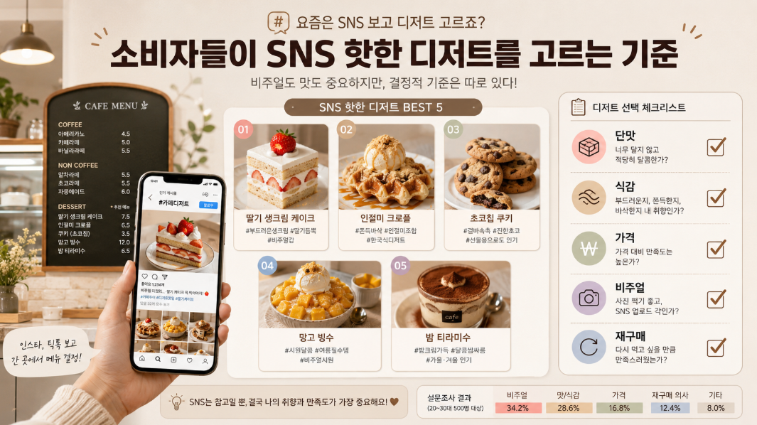 SNS 디저트를 고를 때 단맛, 식감, 가격, 비주얼, 재구매 기준을 비교하는 이미지