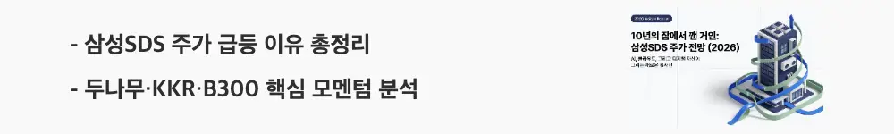 '삼성SDS 주가 급등 이유 총정리', '두나무·KKR·B300 핵심 모멘텀 분석'이라는 문구가 포함된 웹배너 이미지. 이 이미지는 삼성SDS의 두나무 지분 인수와 KKR 자금 유치, B300 클라우드 사업이라는 급등 배경을 시각적으로 전달하며, 블로그의 삼성SDS 주가 전망 주제와 관련된 내용을 설명함