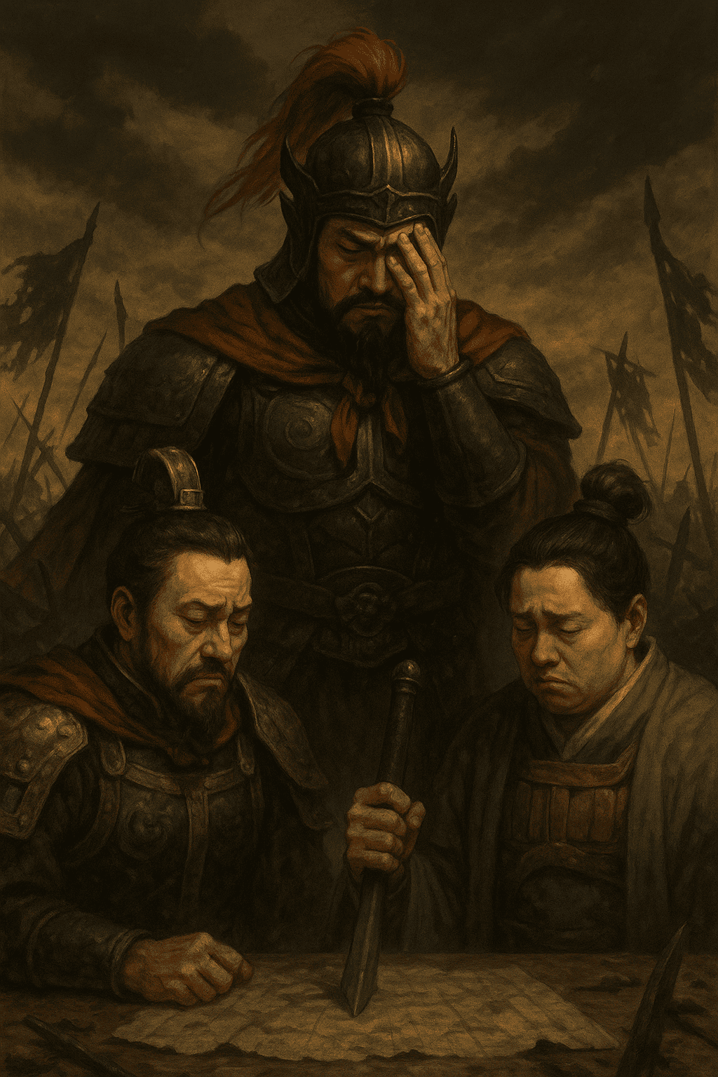 세 인물이 인상을쓰며 시무룩해하고있다.