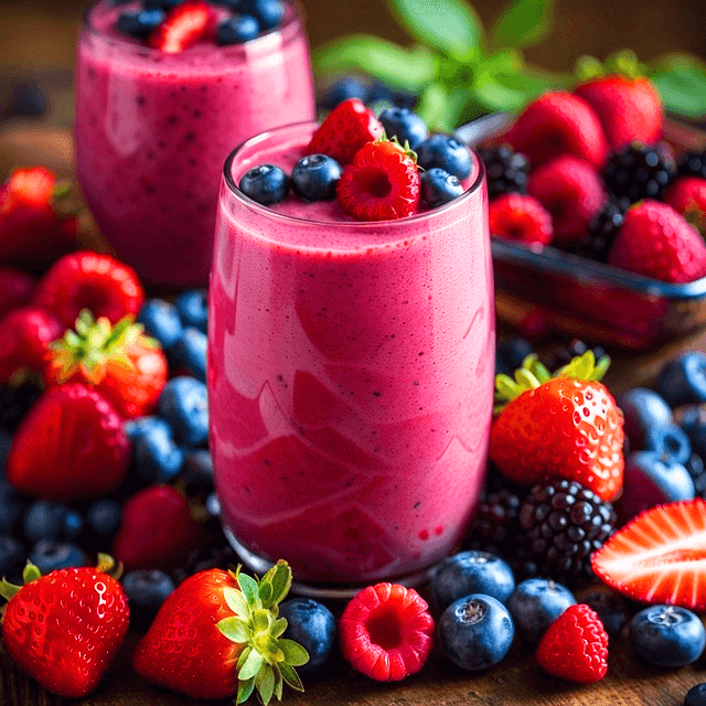 2개의 유리컵에 진분홍색 라즈베리주스가 가득하다. 주변엔 라즈베리랑 블루베리들이 떨어졌다.