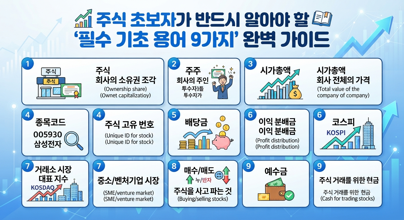 주식 초보자 필수 경제·금융 용어 17선 인포그래픽.