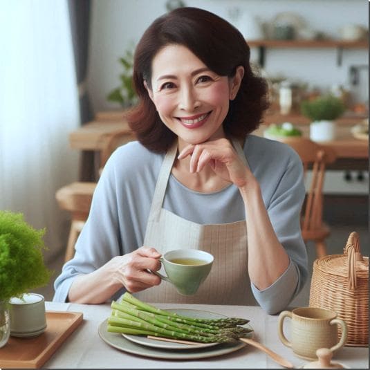 녹차 아스파라거스 먹는 중년 여성