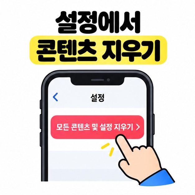 단순화한 아이폰 설정 화면에서 모든 콘텐츠 및 설정 지우기 항목을 손가락으로 선택하는 장면