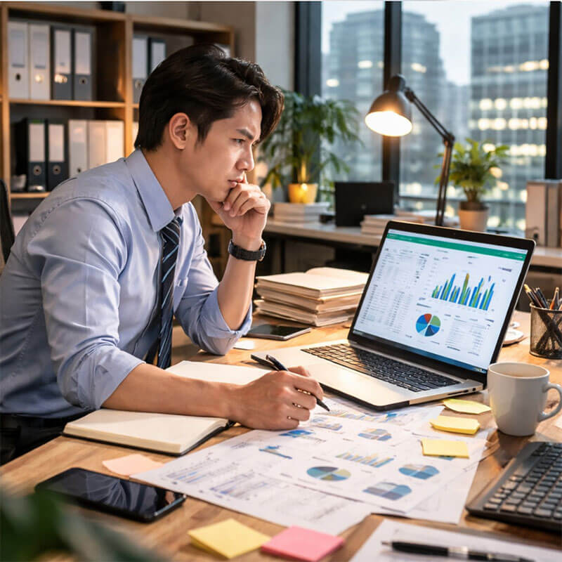 회사에서 엑셀 데이터와 보고서를 보며 업무 방향을 고민하는 장면