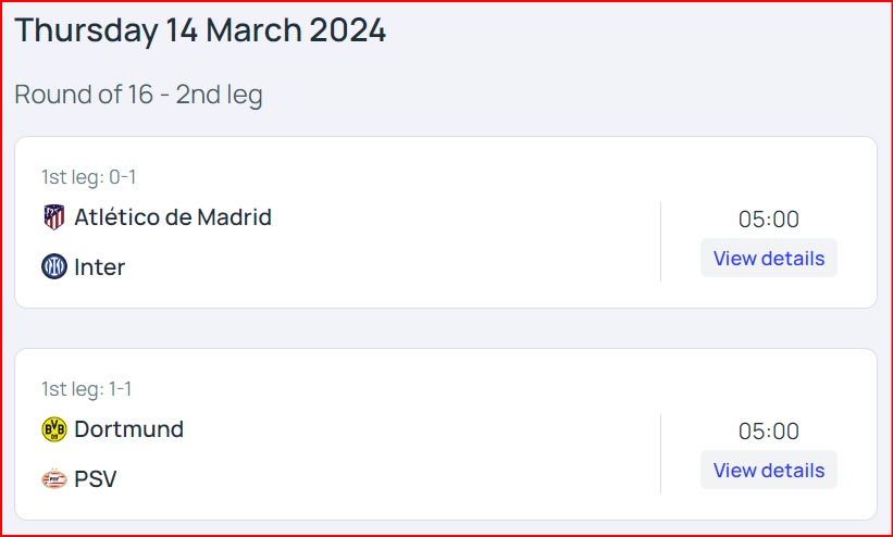 UEFA 챔피언스리그 아틀레티고 마드리드 대 인터밀란, 도르트문트 대 PSV 아인트호벤 16강 2차전 경기일정