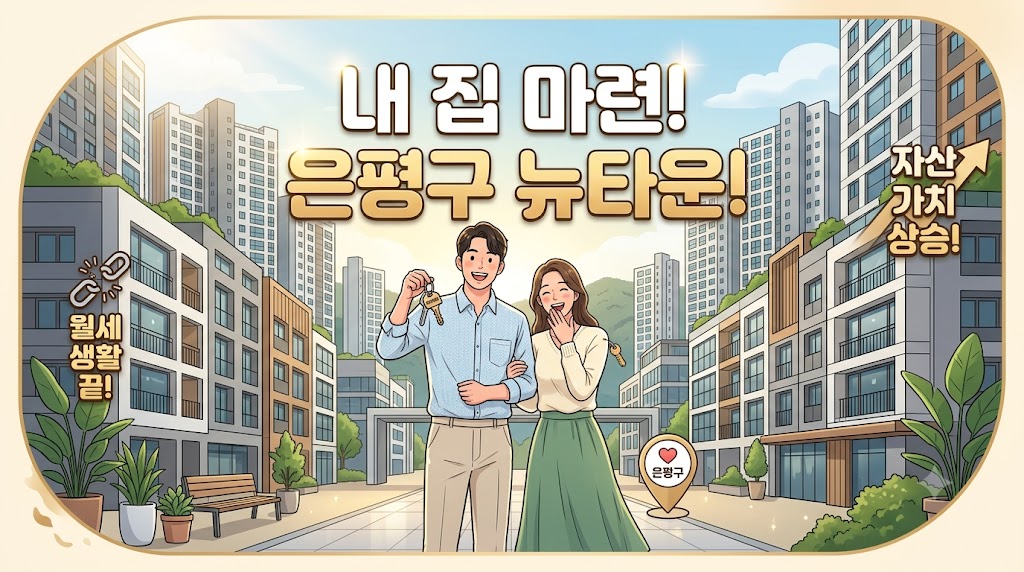 2030 세대가 서울 은평구 신축 아파트 단지 앞에서 열쇠를 들고 전세 탈출 및 생애최초 내 집 마련 성공을 기뻐하는 밝은 일러스트
