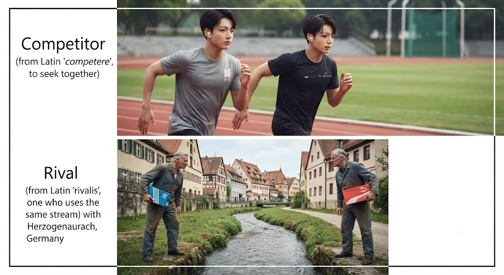 본문은 경쟁자를 뜻하는 두 단어, 'Rival'과 'Competitor'의 어원적 차이를 시각적으로 설명한다. 상단 이미지에는 육상 트랙 위에서 BTS의 음악을 들으며 BTS의 다큐멘터리를 함께 시청하는—같은 목표를 향해 함께 나아가는—두 명의 젊은 러너가 규칙 안의 경쟁(Competitor)을 보여준다. 하단 이미지에는 좁은 헤르초게나우라흐 마을의 아우라흐 강을 사이에 두고 마주 선, 한 명은 아디다스, 한 명은 푸마 빈티지 박스를 든—떠날 수 없는 공간을 공유하는 이웃 간의 긴장된 경쟁(Rival)이 표현되어 있다. 두 이미지의 대비를 통해 경쟁의 전혀 다른 두 얼굴을 어원 해석에 기반하여 보여준다.