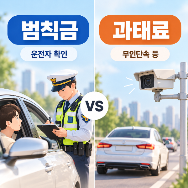 교통범칙금과 과태료의 차이를 운전자 확인과 무인단속 사례를 중심으로 비교한 이미지