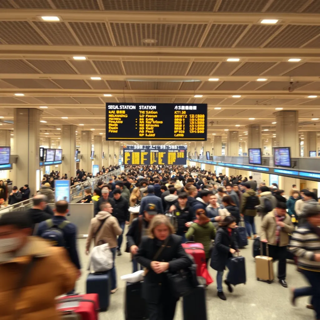 서울역, 부산역 등 KTX 주요 역사의 넓은 대합실에 수많은 인파가 이동하는 모습. 캐리어와 함께 바쁘게 걸어가는 사람들과, 전광판에 열차 정보가 떠 있는 장면을 담습니다. 따뜻한 색감과 약간의 블러 처리를 통해 사람들의 움직임을 역동적으로 표현하고, 동시에 명절의 활기찬 분위기를 전달합니다.