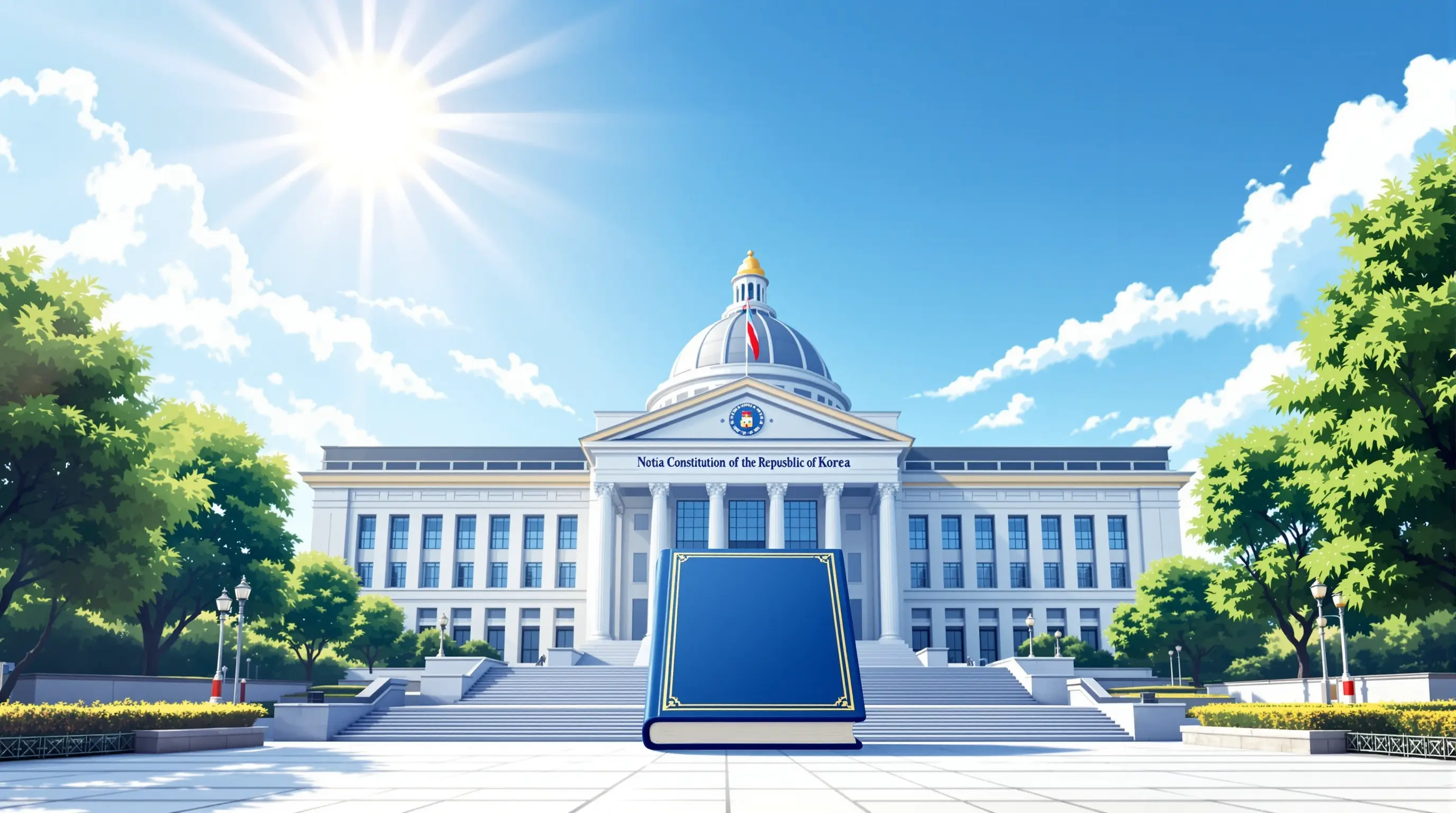 대한민국 국회의사당과 헌법 책을 결합해 제헌절의 상징성을 표현한 일러스트 이미지
