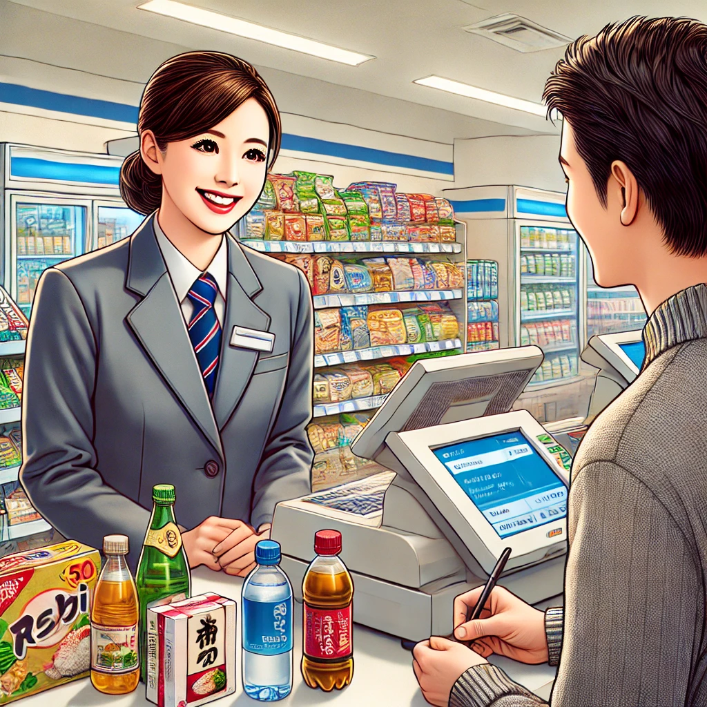 손님과 대화하는 편의점 사장님