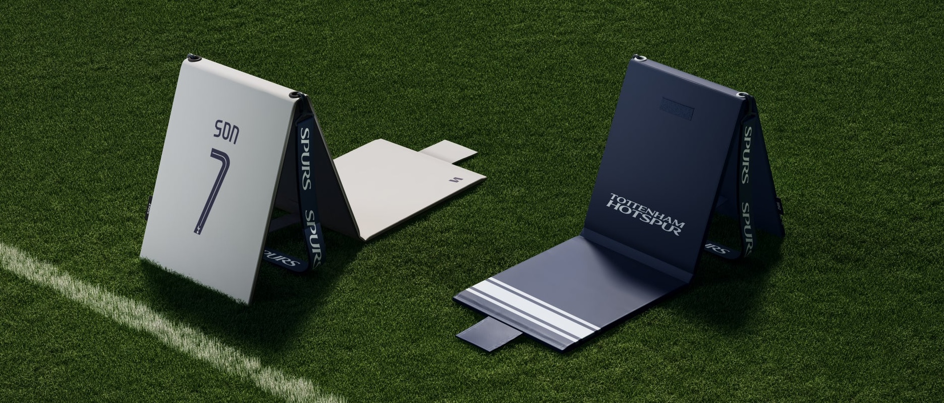 시디즈 토트넘 홋스퍼 OLLY 그라운드 체어 등받이 의자가 두가지 색깔로 그라운드에 놓여있다