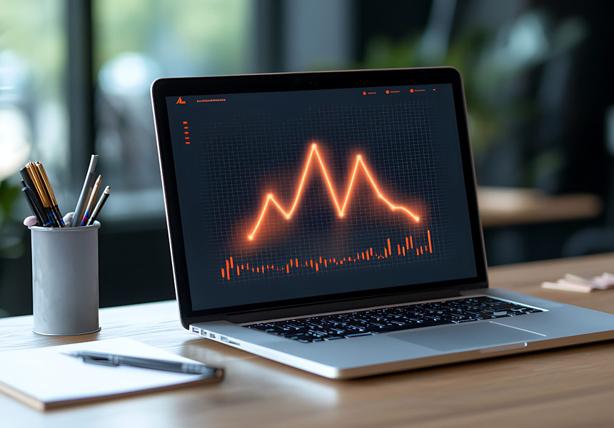 노트북 화면에 표시된 금리 추이 그래프, 금융 데이터 분석을 상징하는 이미지