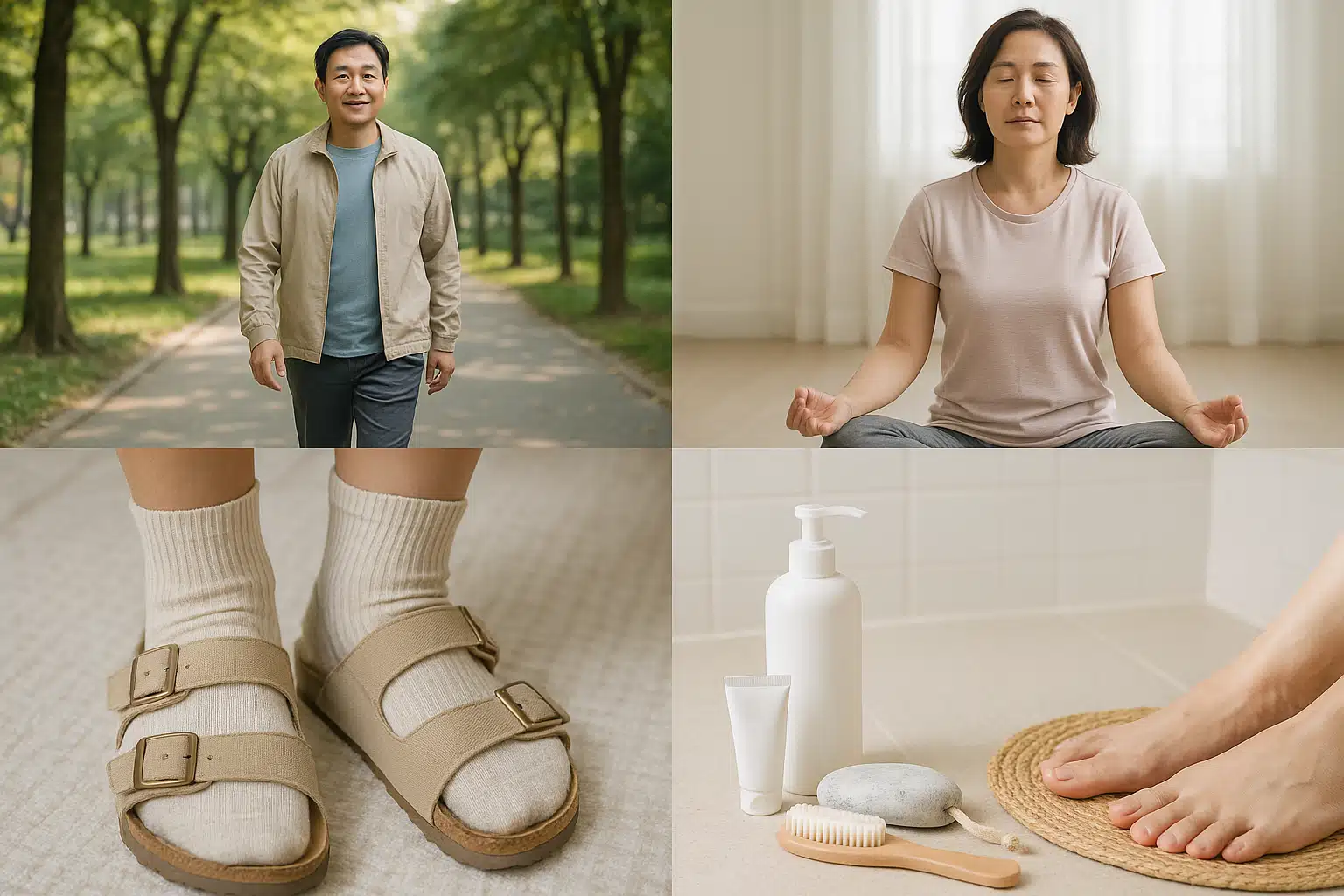 아침 산책 중인 40~50대 남성, 요가나 명상하는 모습, 통풍 잘 되는 샌들이나 면양말을 신은 발, 발 위생용품이 놓인 욕실 장면