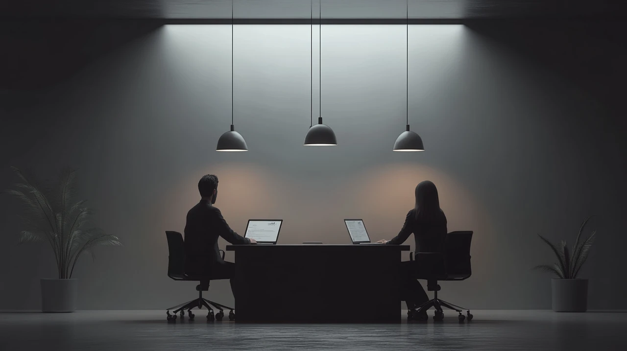 금융 상담사와 투자자가 깔끔하고 최소한의 요소로 꾸며진 회의실에서 ETF 선택에 대한 전문적인 상담을 진행하며, 부드러운 자연 채광이 협업 환경을 돕습니다.