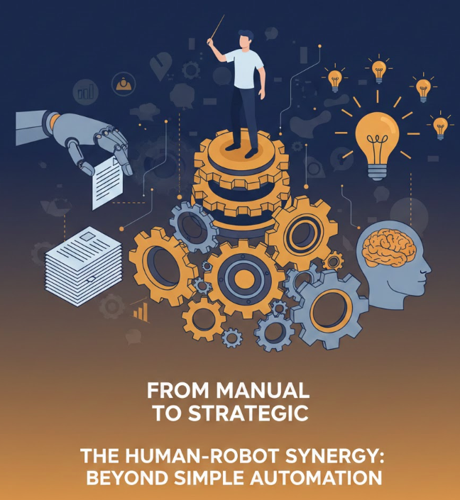 인간의 반복적인 데이터 입력 업무를 소프트웨어 로봇이 수행하고, 인간은 창의적인 전략 기획에 집중하는 모습을 통해 RPA의 진정한 가치와 업무 효율화 원리를 설명하는 인포그래픽 이미지