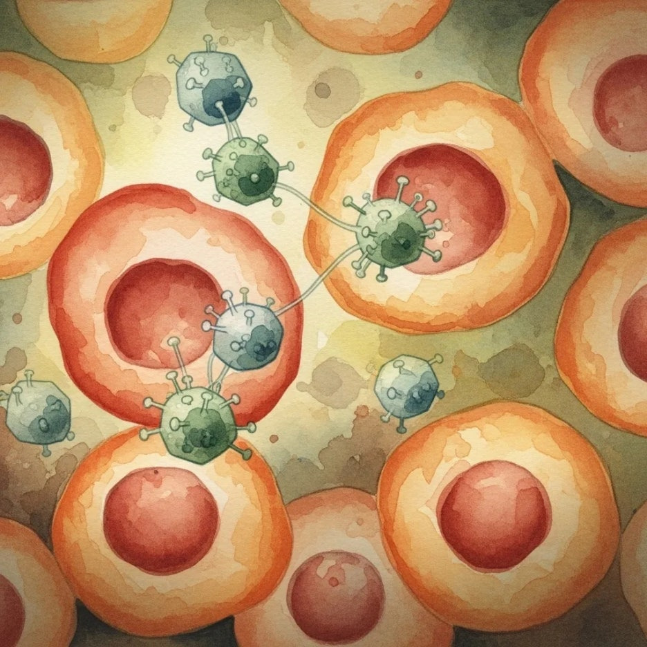 간염 바이러스가 간세포에 영향을 미치는 모습.