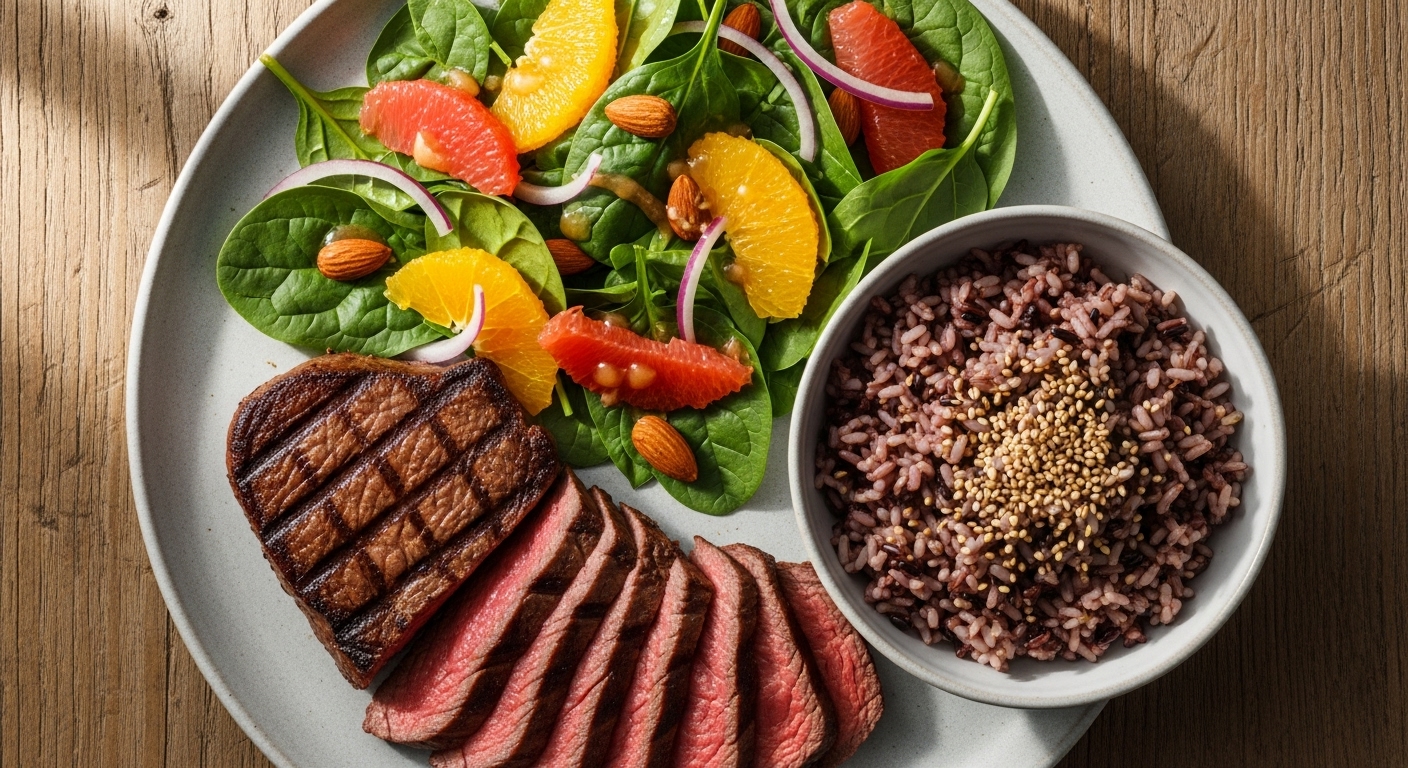 빈혈 예방을 위한 소고기, 시금치 식단과 당뇨 관리를 위한 잡곡밥 차림