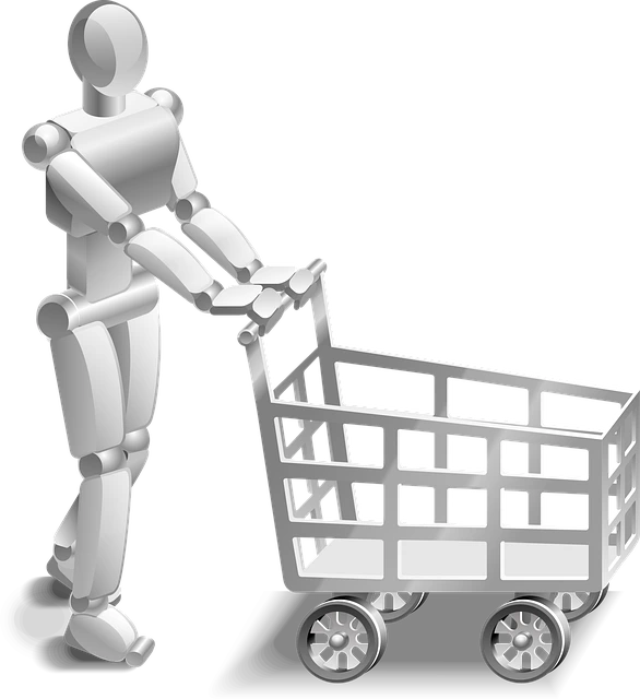 단순화된 인간형 로봇이 금속 재질의 쇼핑카트를 밀고 있는 3D 일러스트 이미지. 인공지능이 소매유통과 소비활동에 적용되는 개념을 표현함.