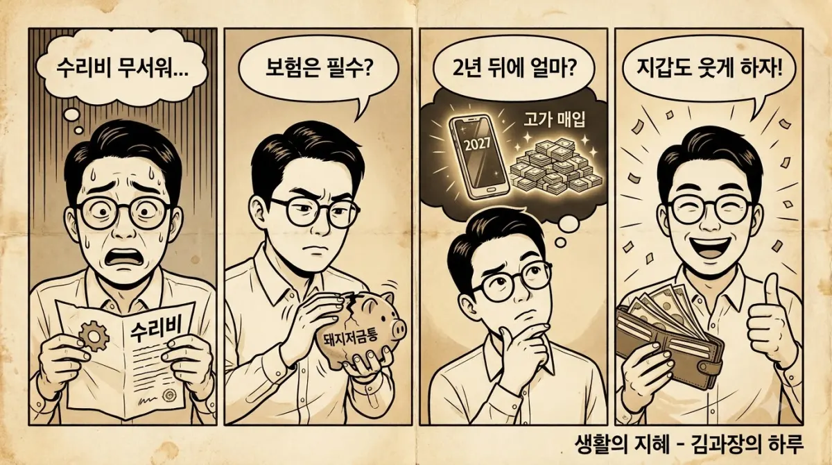 중고 잔존 가치와 수리비를 고려하는 현명한 소비자의 모습을 담은 만화
