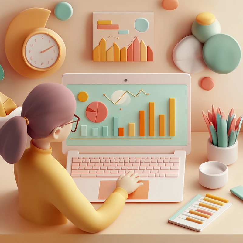 사회초년생이 노후 대비를 위해 연금 계좌 ETF 포트폴리오를 컴퓨터로 학습하며 금융 차트와 다양한 투자 정보를 집중적으로 분석하는 모습, ETF 투자법, 장기 투자 전략, 재테크, 연금 계좌, 초보 투자자