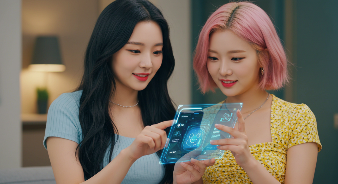 첨단기기를 보는 여자들