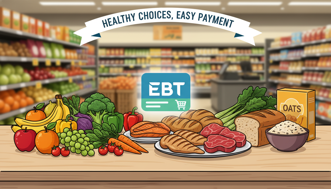 과일, 채소 등 건강한 식료품들이 놓인 식탁 위에 청년식비지원금 바우처 카드가 놓여있는 모습, 지원금으로 구매할 수 있는 품목들을 시각적으로 보여줌