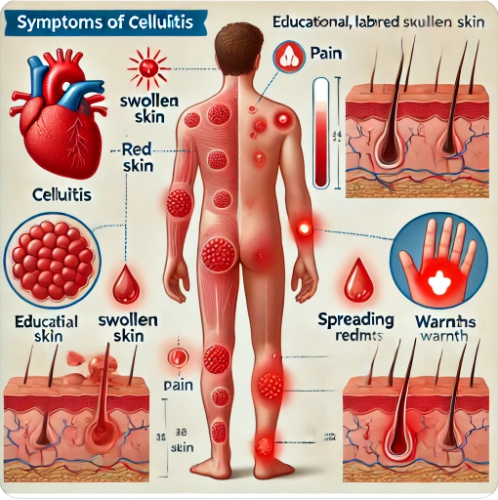 봉와직염 증상 인포그래픽 → 붉은 피부, 열감, 통증 등 핵심 증상