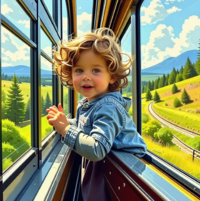 기차를 타고있는 어린아이