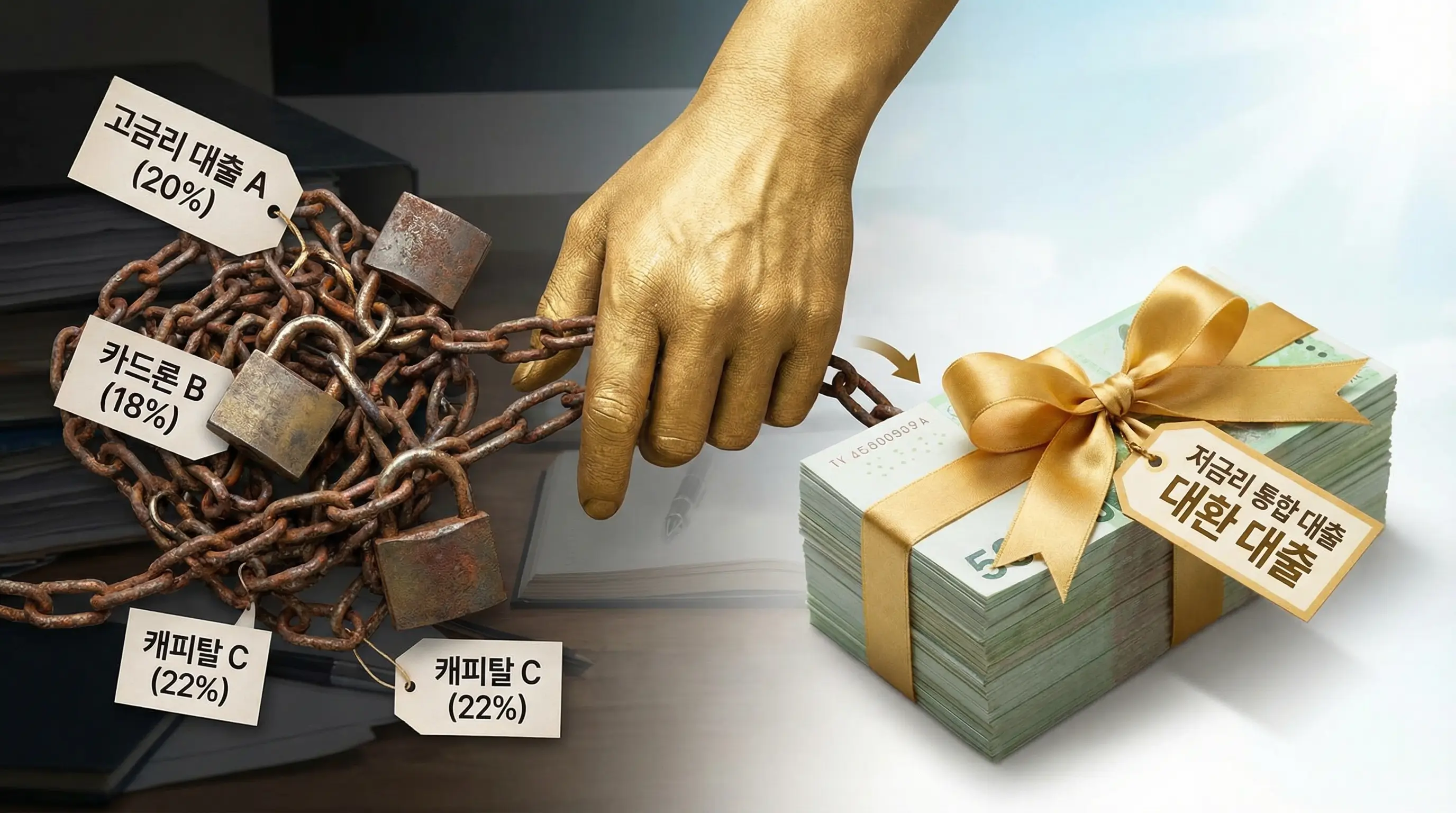 여러 갈래로 흩어진 고금리 대출을 하나의 낮은 금리 대출로 묶어 부담을 줄이는 대환 대출의 시각적 이미지