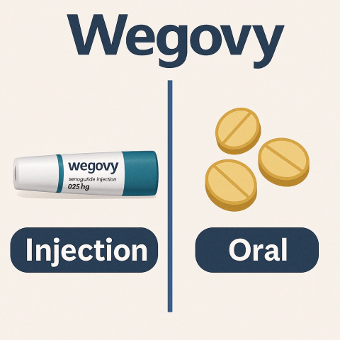 위고비 주사제 펜과 먹는 위고비 알약을 나란히 비교한 인포그래픽