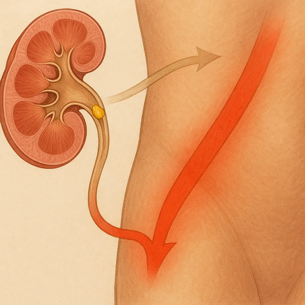 신장 결석이 요관을 따라 이동하면서 통증을 유발하는 과정의 일러스트. 옆구리에서 하복부, 사타구니까지 이어지는 통증 경로 표시