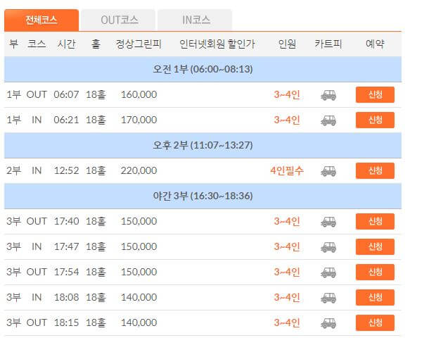 인천그랜드CC 예약 화면