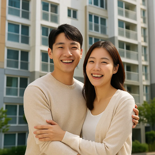 신혼부부가-아파트-앞에서-웃고-있음