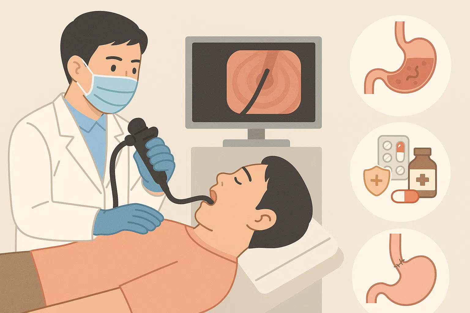 의사가 내시경으로 환자의 식도를 검사하는 장면, 약물치료(알약 아이콘, 위산 억제제), 위 점막 보호제, 수술적 치료