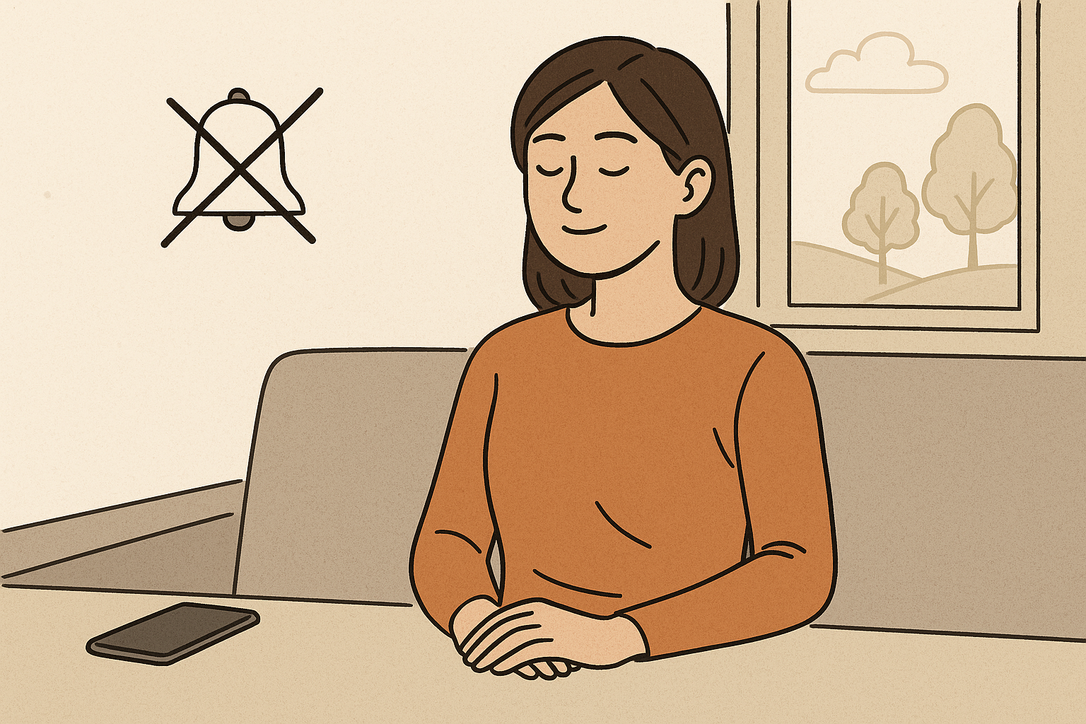 스마트폰을 잠시 내려놓고 눈을 감은 젊은 여성이 책상 앞에 앉아 정보에서 벗어나 자신만의 시간을 보내고 있는 모습