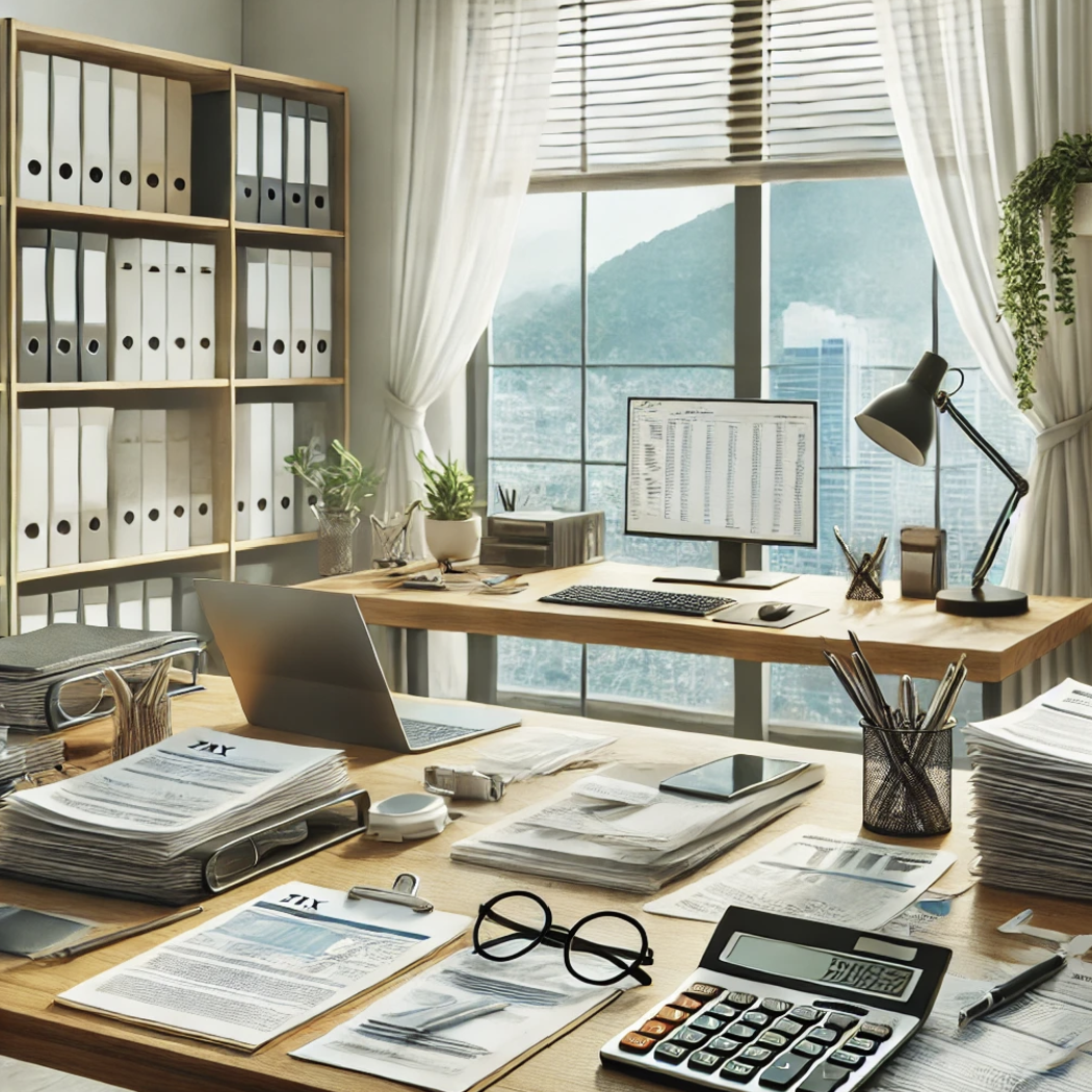 세금 문서가 가득한 사무실.