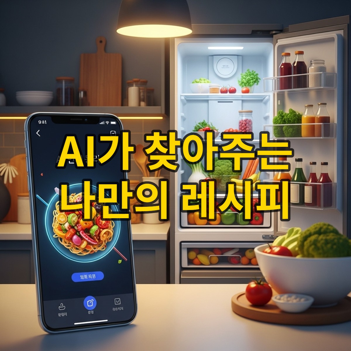 AI 요리 앱 '냉장고 속을 부탁해'가 냉장고 속 재료로 만든 먹음직스러운 요리 레시피를 스마트폰 화면에 보여주는 모습. 신선한 채소와 함께 편리하고 지속 가능한 식생활을 강조하는 주방 풍경.