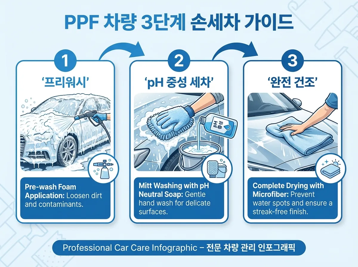 PPF 차량 손세차 과정 — 프리워시, 미트 세척, 드라잉