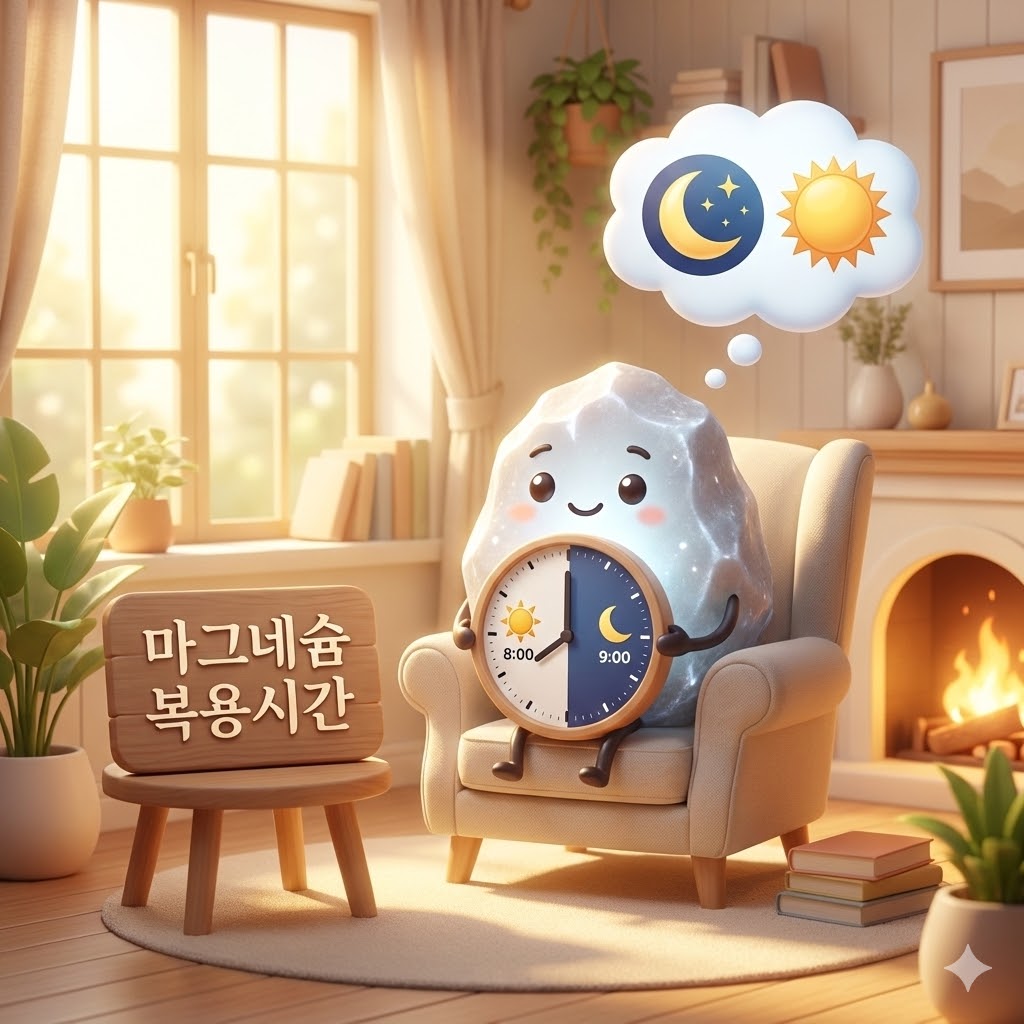 마그네슘 캐릭터가 아침과 저녁 시간을 가리키는 시계를 들고 편안히 앉아있는 모습, 마그네슘 복용시간의 중요성을 나타냄.
