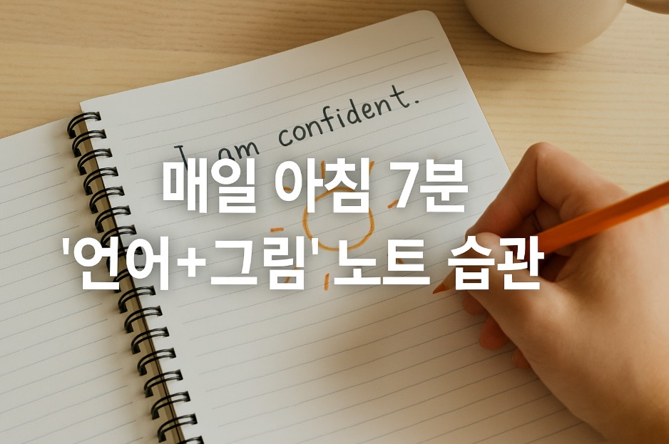 나선형 공책 위에 "I am confident."라는 긍정 확언 문장이 쓰여 있고, 그 아래에는 해를 형상화한 단순한 주황색 그림이 그려져 있다. 오른손은 주황색 연필을 들고 그림을 그리고 있으며, 부드러운 자연광이 테이블 위에 따뜻하게 비치고 있다. 이미지 중앙에는 "매일 아침 7분 ‘언어+그림’ 노트 습관"이라는 한글 문구가 굵고 크게 삽입되어 있어 주제 전달이 명확하다.