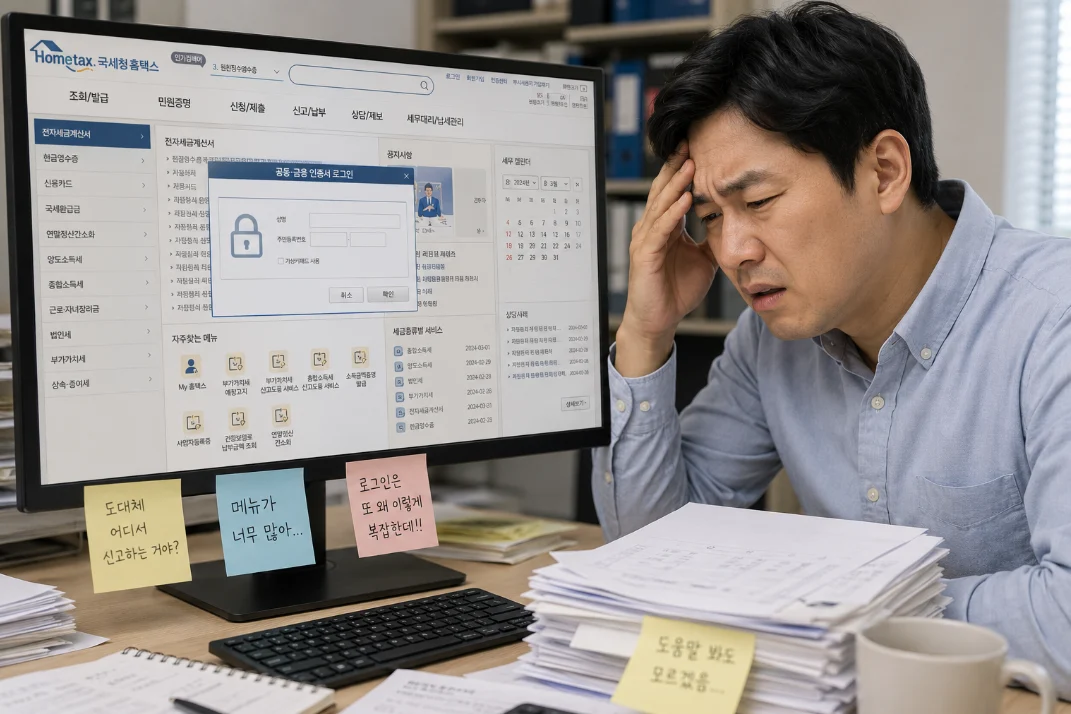 공동인증서 로그인 창과 복잡한 메뉴로 가득한 국세청 홈택스 웹사이트 화면.