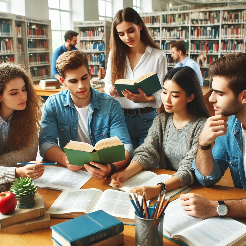 도서관에서 함께 역사 문제를 공부하며 개념을 논의하는 학습 그룹. 책장을 배경으로 밝고 참여적인 학습 환경