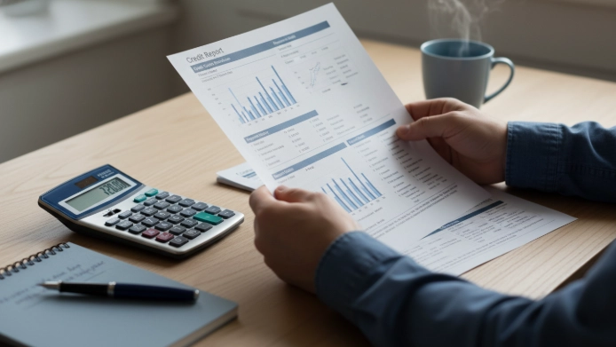 신용 보고서와 재정 서류를 주의 깊게 검토하는 사람의 손