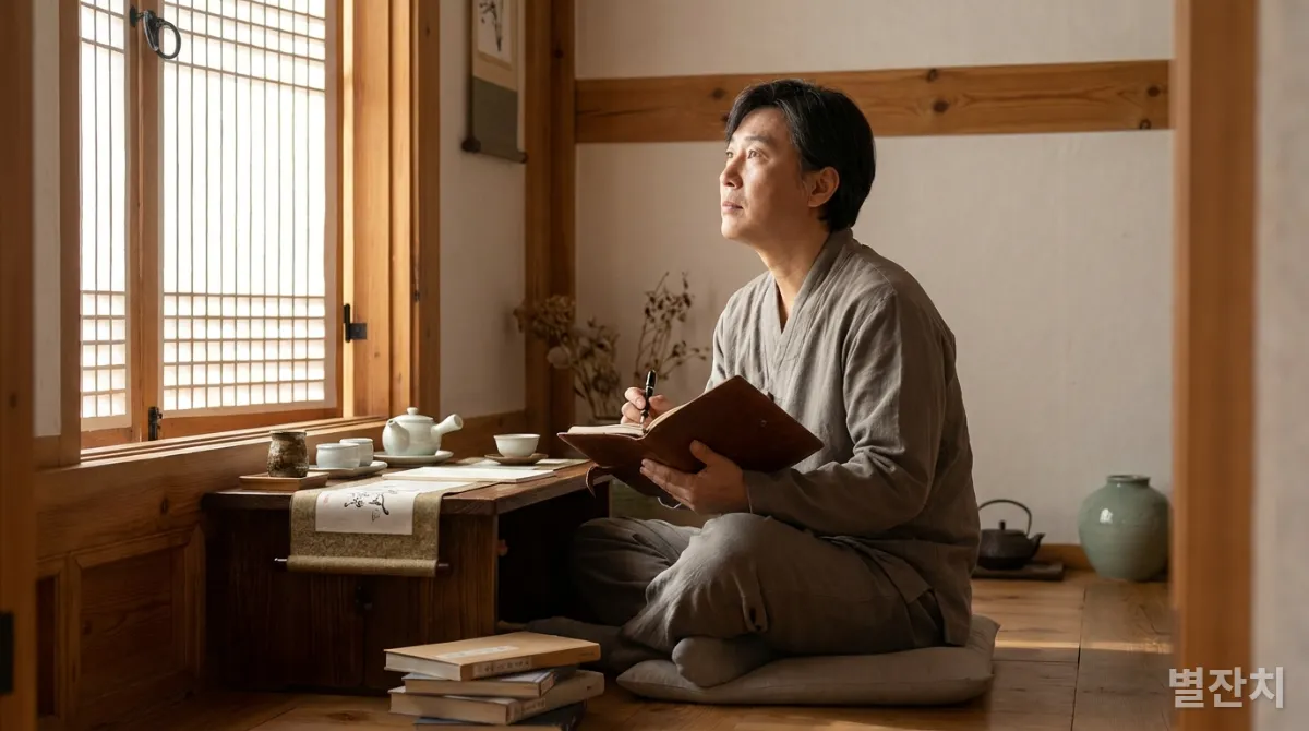 한지 창문 아래서 일기를 쓰며 사색에 잠긴 한국인