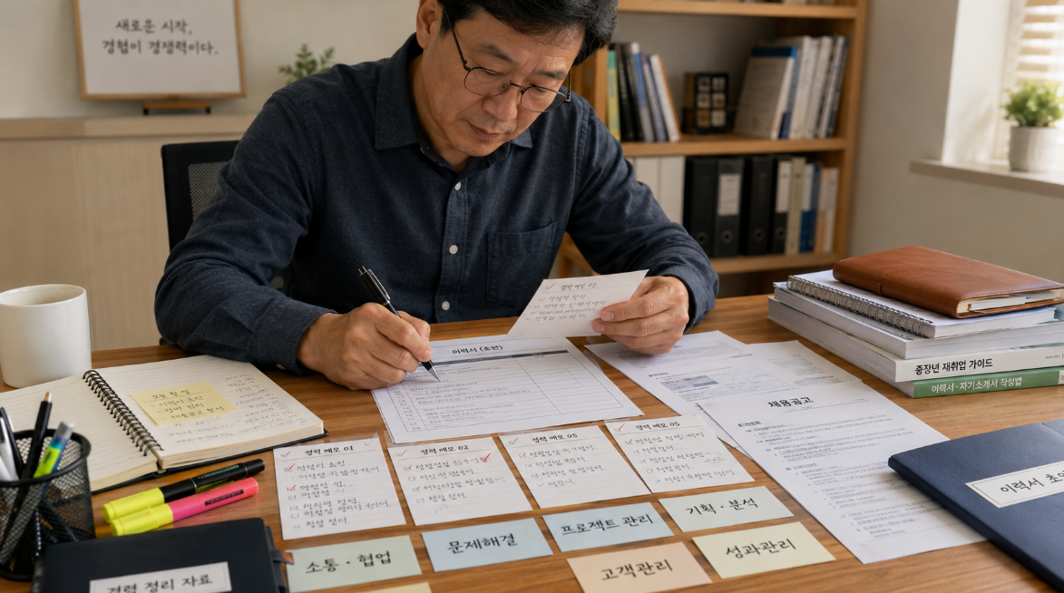 중장년 구직자가 관련 경력 3개를 골라 이력서에 정리하는 장면
