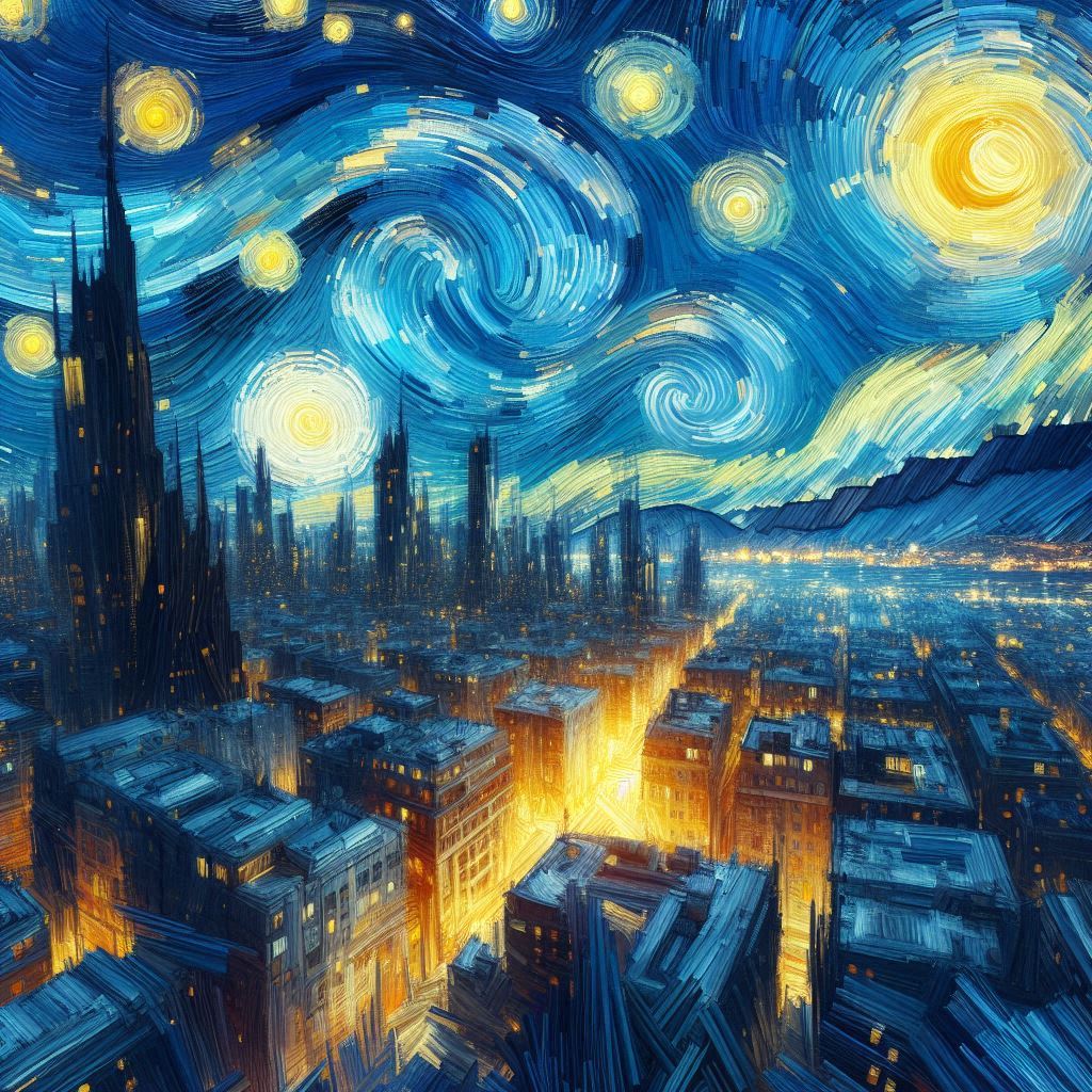 소용돌이치는 별이 있는 도시 야경&amp;#44; 빈센트 반 고흐 스타일로&amp;#44; 후기 인상주의&amp;#44; 역동적인 소용돌이치는 붓터치&amp;#44; 생생한 파란색과 노란색&amp;#44; 표현적 하늘&amp;#44; 반 고흐 기법의 도시 풍경