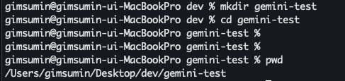 gemini-cli 테스트를 위해 gemini-test디렉토리 생성 후 해당 디렉토리로 이동하는 화면